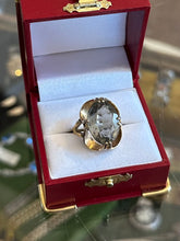 Load image into Gallery viewer, Vintage Midcentury Signed VARGAS 18K HGE Electroplate Gold Tone Large Faceted Smokey Grey Glass Cocktail Ring High Setting US 7 1/2
