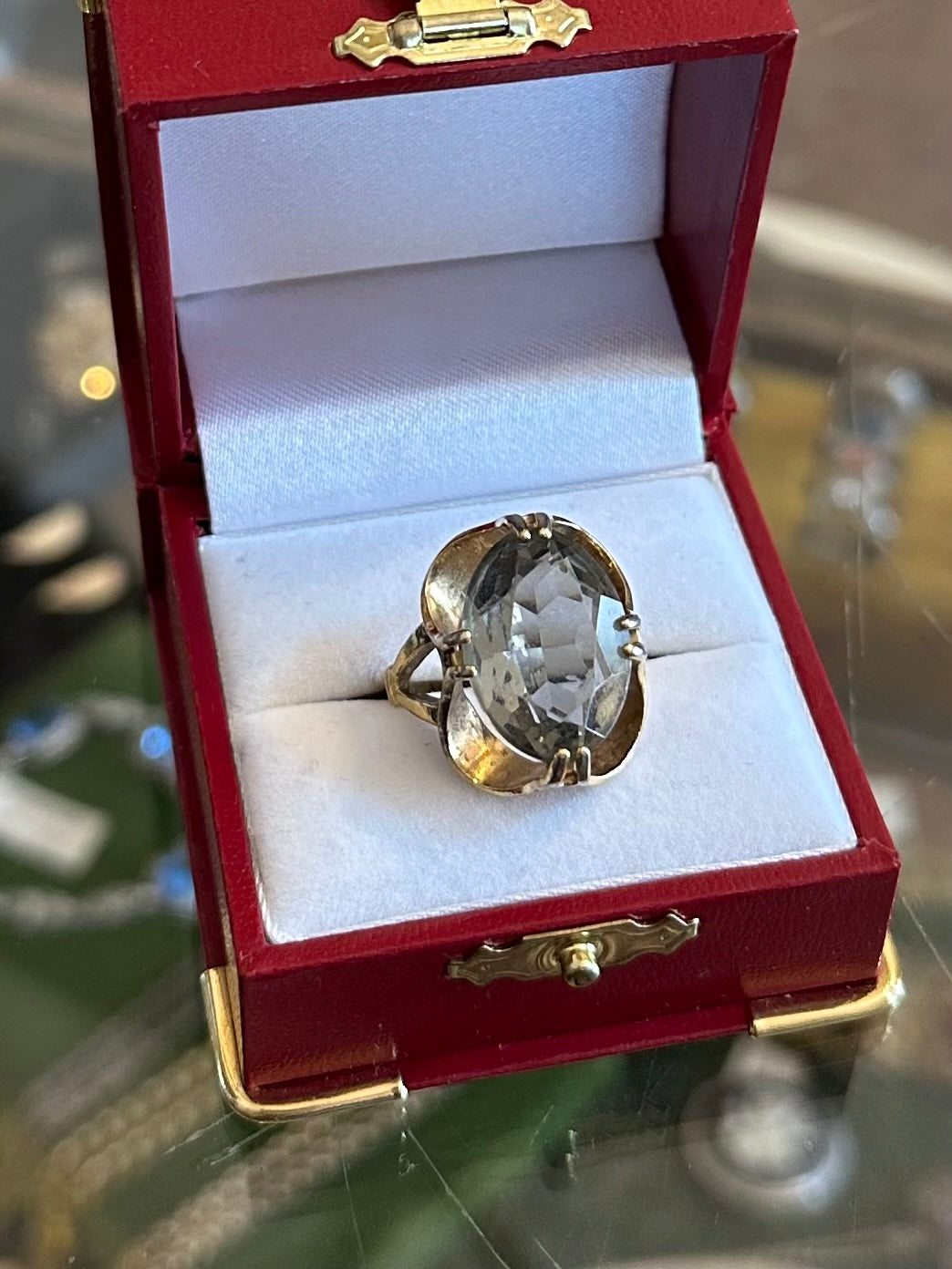 Vintage Midcentury Signed VARGAS 18K HGE Electroplate Gold Tone Large Faceted Smokey Grey Glass Cocktail Ring High Setting US 7 1/2