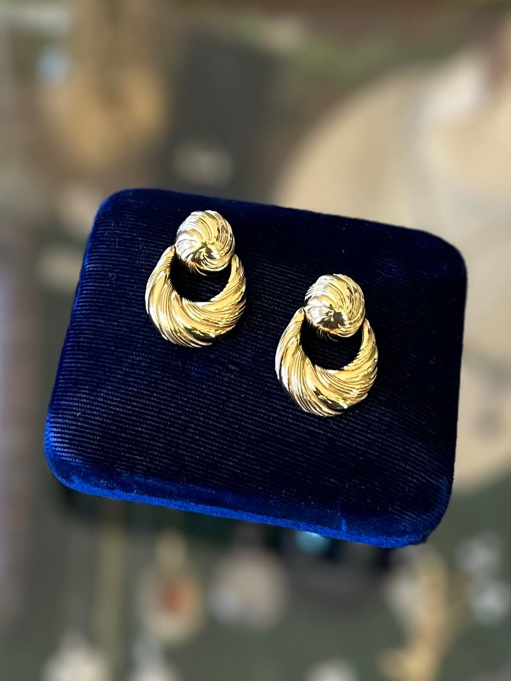 Vintage 1980s Signed GIVENCHY Gold Tone Ribbed Door Knocker Drop Pierced Earrings