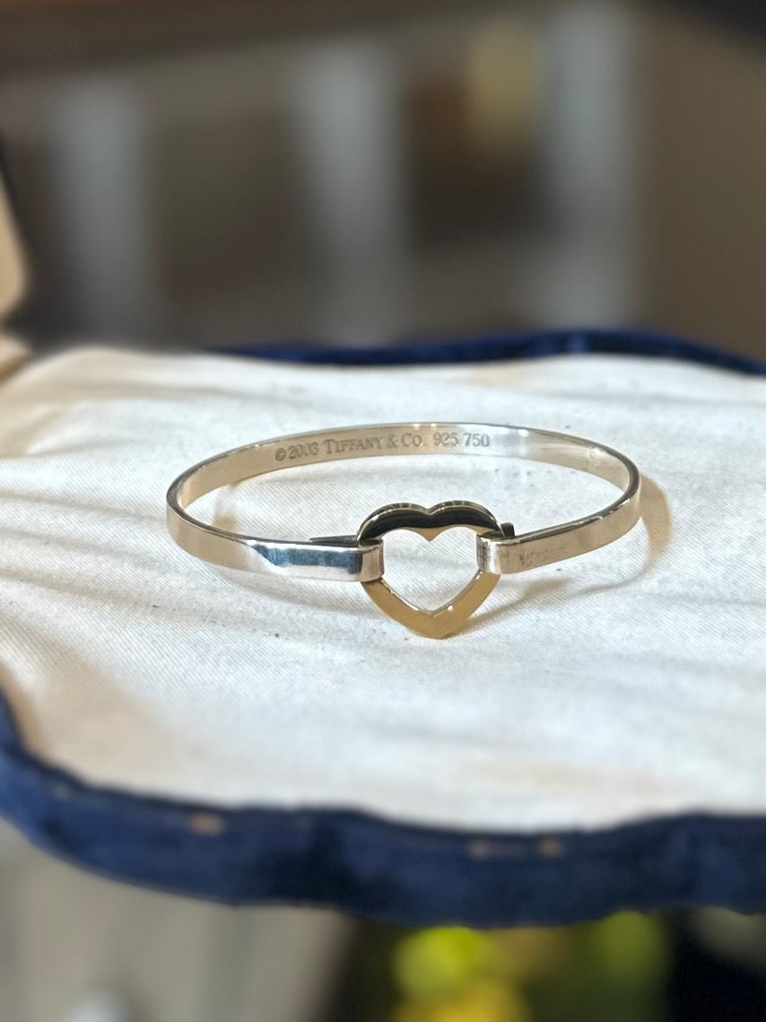 Vintage Signed TIFFANY & CO. 2003 Sterling Silver and 18K Yellow Gold Heart Hook Bangle Bracelet Y2K
