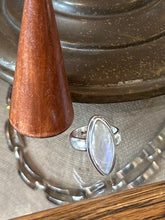 Load image into Gallery viewer, Vintage Sterling Silver Polished Rainbow Moonstone Cabochon Statement Ring US 8 3/4
