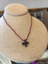 Load image into Gallery viewer, Vintage Signed ATA Sterling Silver and Genuine Garnet Fine Beaded Byzantine Cross Necklace Toggle Closure
