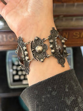 Load image into Gallery viewer, Vintage Mexico Sterling Silver &amp; Dalmatian Jasper Cabochon Ornate Scrollwork Panel Link Statement Bracelet 6.75”
