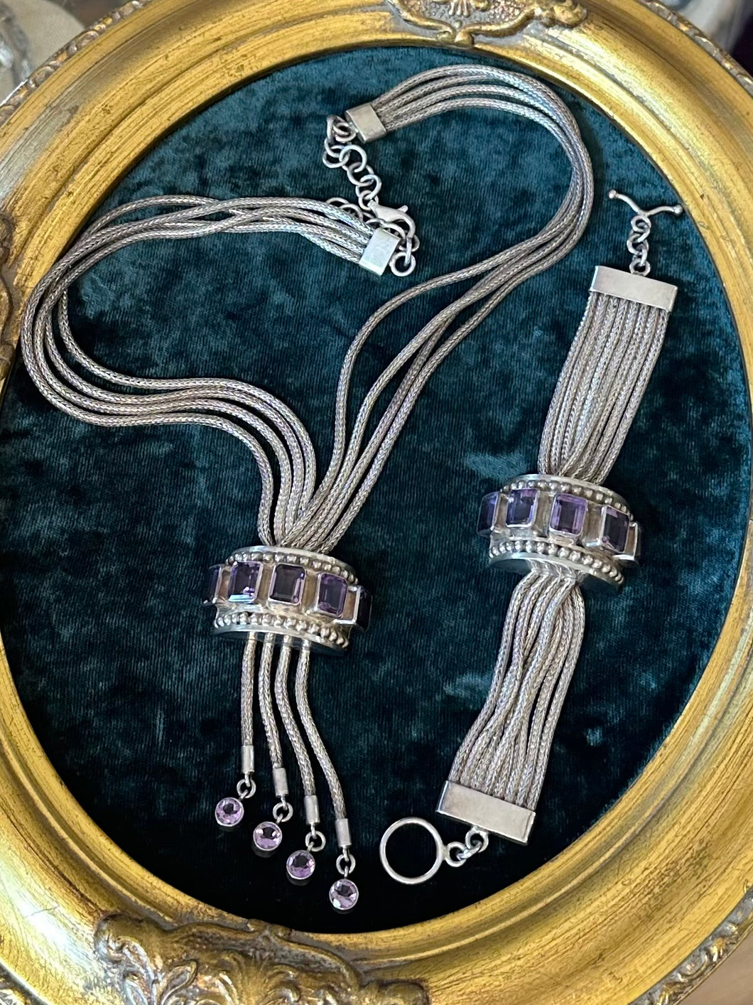 Chunky Sterling Silver & Genuine Amethyst Multi Strand Statement Necklace and Bracelet Set