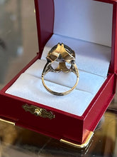 Load image into Gallery viewer, Vintage Midcentury Signed VARGAS 18K HGE Electroplate Gold Tone Large Faceted Smokey Grey Glass Cocktail Ring High Setting US 7 1/2
