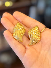 Load image into Gallery viewer, Vintage Signed KJL For Avon Kenneth Jey Lane Conch Shell Gold Tone and Rhinestone Pierced Earrings
