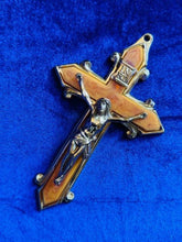 Load image into Gallery viewer, Vintage Gold Plate Brass &amp; Marbled Orange Bakelite Memorial Crucifix 1940s w/ Original Box
