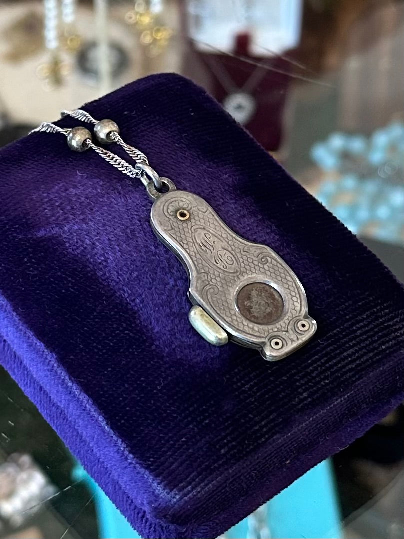 Antique Victorian Engraved & Monogrammed WR Sterling Silver Cigar Cutter Pendant on Sterling Ball Bead Chain Necklace 17.5”