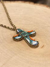 Load image into Gallery viewer, Vintage Antique Italian Glass Micro Mosaic Cross Roma Pendant Necklace 1/20 12k Gold Filled Chain 25”
