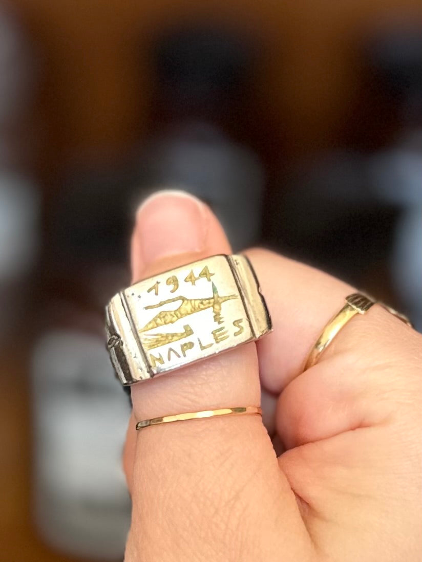 Vintage WWII Trench Art Ring Naples 1944 Mt Vesuvius Eruption Silver Signet | Size 11
