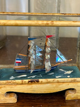 Load image into Gallery viewer, Vintage 1950s Sailing Ship Sailboat with Yugoslavia Flag Miniature Diorama in Bamboo &amp; Wood Glass Display Case

