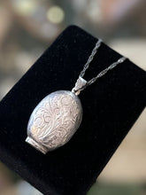Load image into Gallery viewer, Vintage 925 Sterling Silver Floral Scroll Hand Etched Oval Locket Pendant Necklace 25.75”
