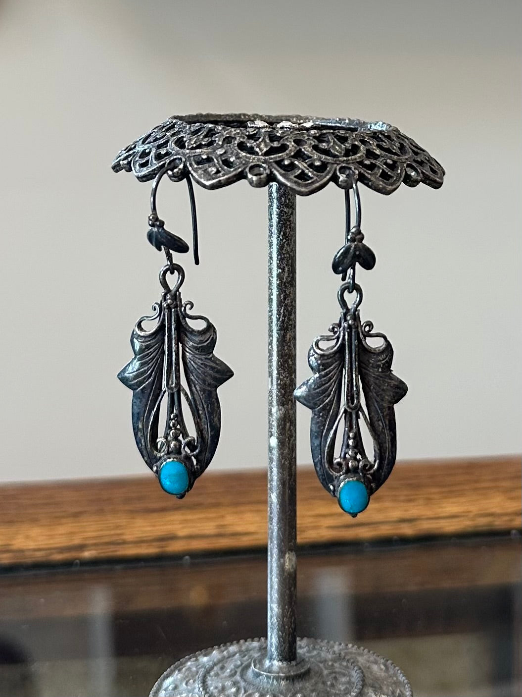 Vintage Sterling Silver & Genuine Turquoise Art Nouveau Southwestern Style Dangle Earrings