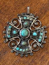 Load image into Gallery viewer, Vintage JGD Matl Mexican Sterling Silver Genuine Turquoise Cross Amulet Pendant
