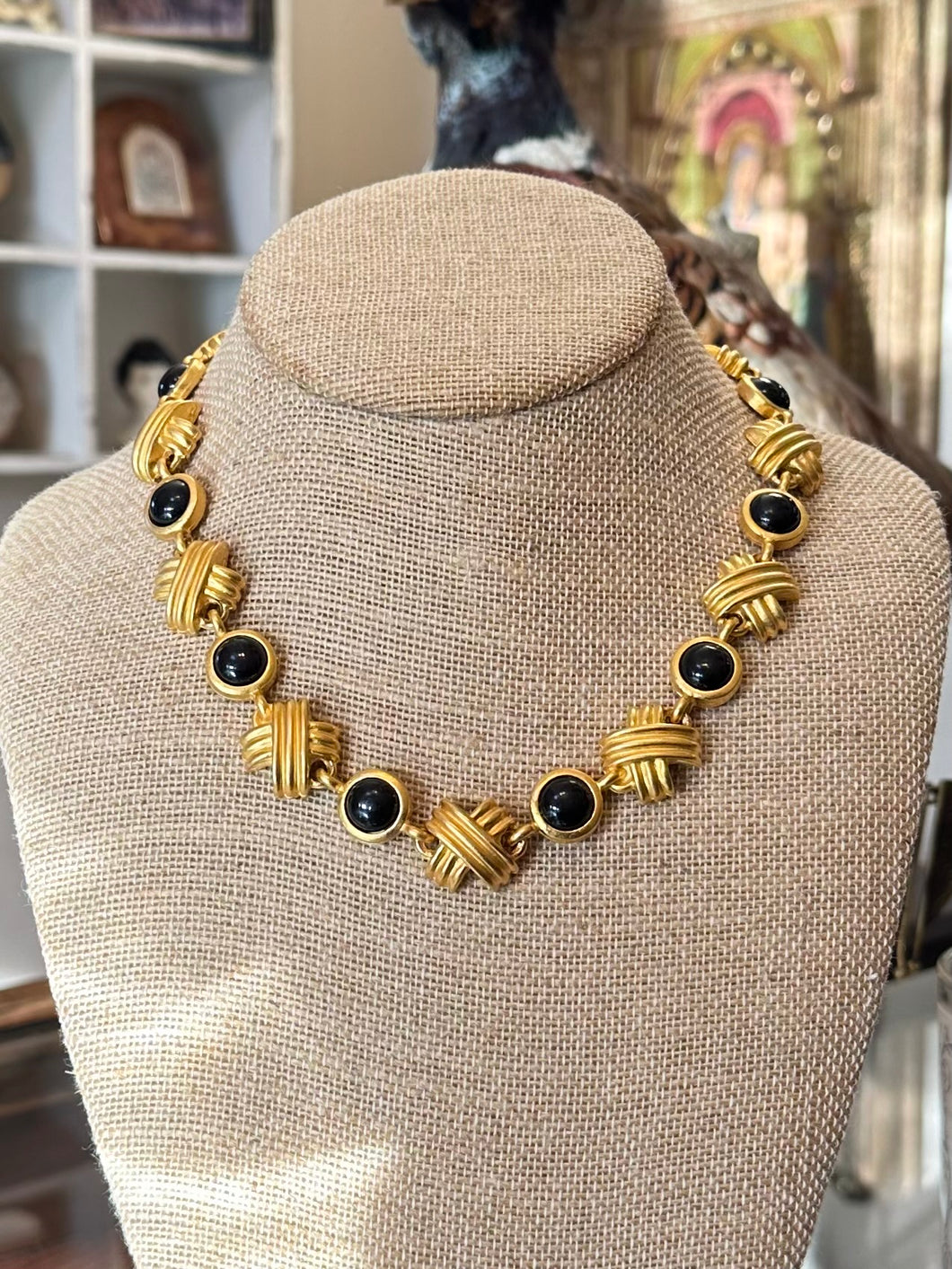 Vintage 1980s Matte Gold Tone & Black Geometric Link Necklace USA 17”