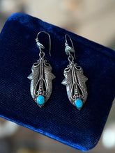 Load image into Gallery viewer, Vintage Sterling Silver &amp; Genuine Turquoise Art Nouveau Southwestern Style Dangle Earrings
