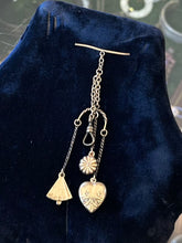 Load image into Gallery viewer, Victorian Antique Pocket Watch Fob Chain with T Bar &amp; Charms Heart Fan &amp; Flower
