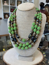 Load image into Gallery viewer, RARE Vintage HOBE &#39;50s Tri-Strand Green Art Glass &amp; Gold Tone Necklace Faience
