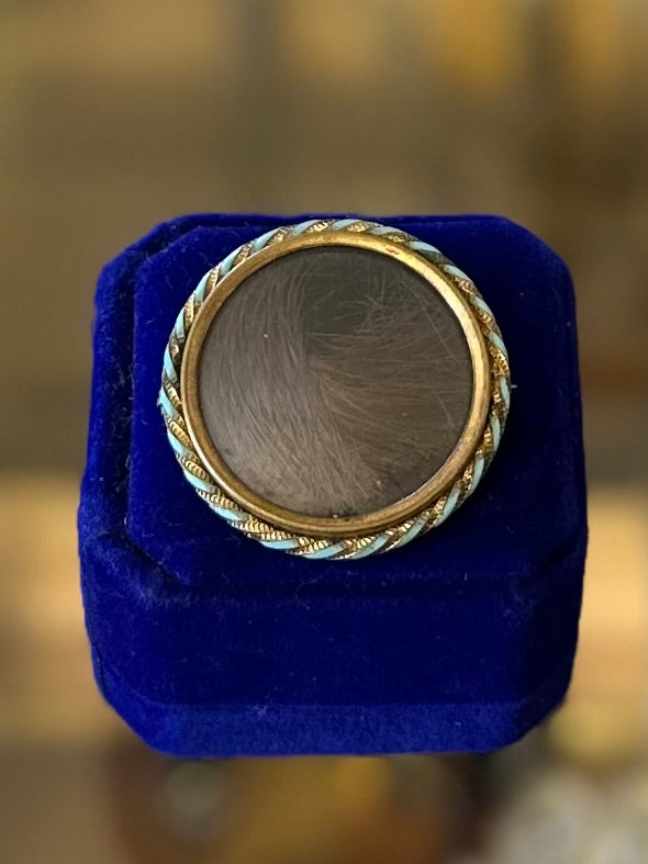 Antique Mourning Brooch Hair Jewelry Light Blue Enamel Round Pin w/ C Clasp