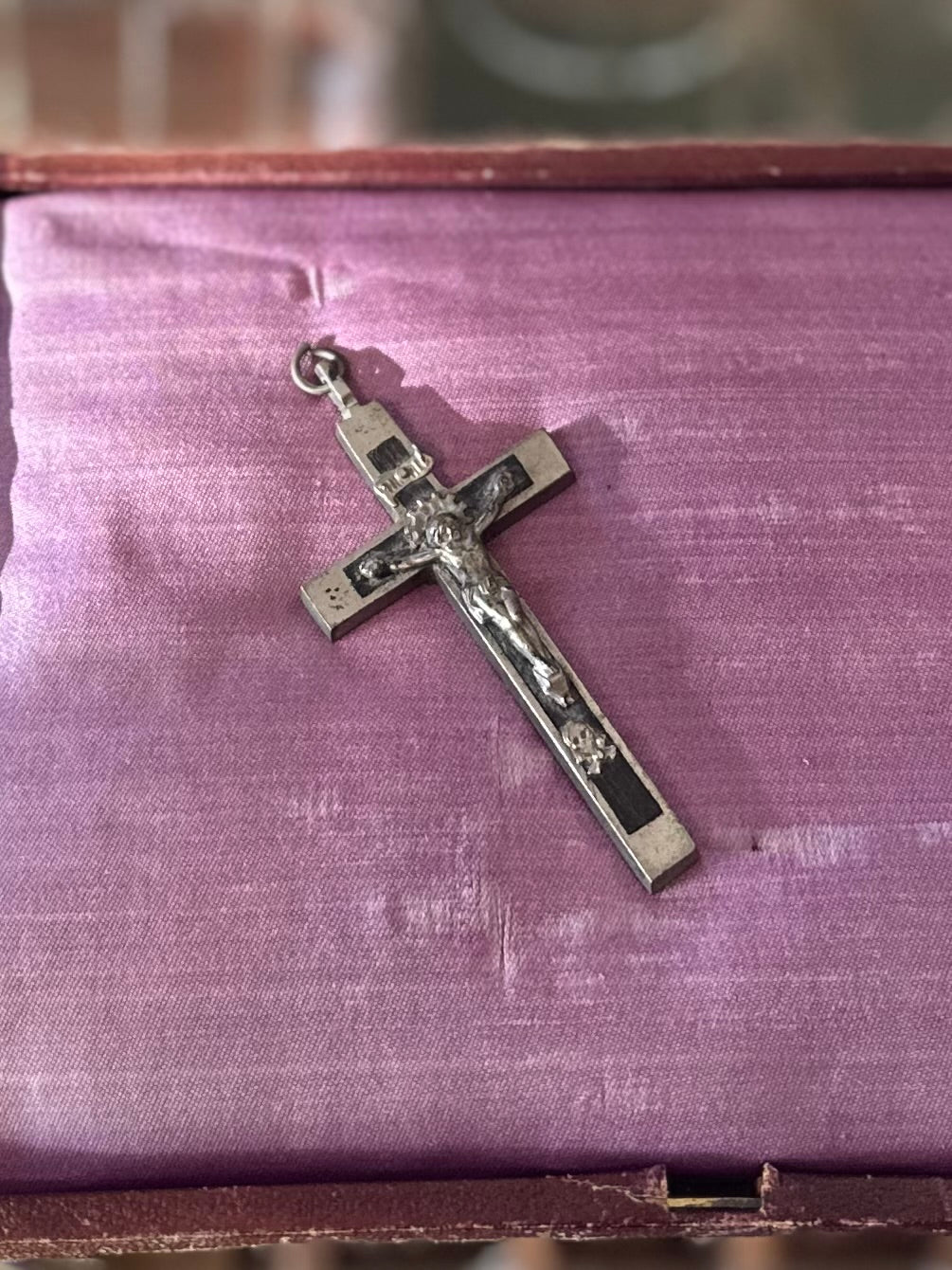 Vintage Nickel Silver & Ebony Crucifix Pendant Skull Crossbones Sacred Heart Religious