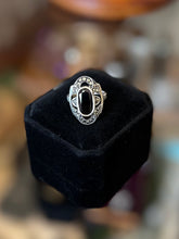 Load image into Gallery viewer, Vintage Sterling Silver Marcasite Black Onyx Faceted Oval Center Stone US Size 7
