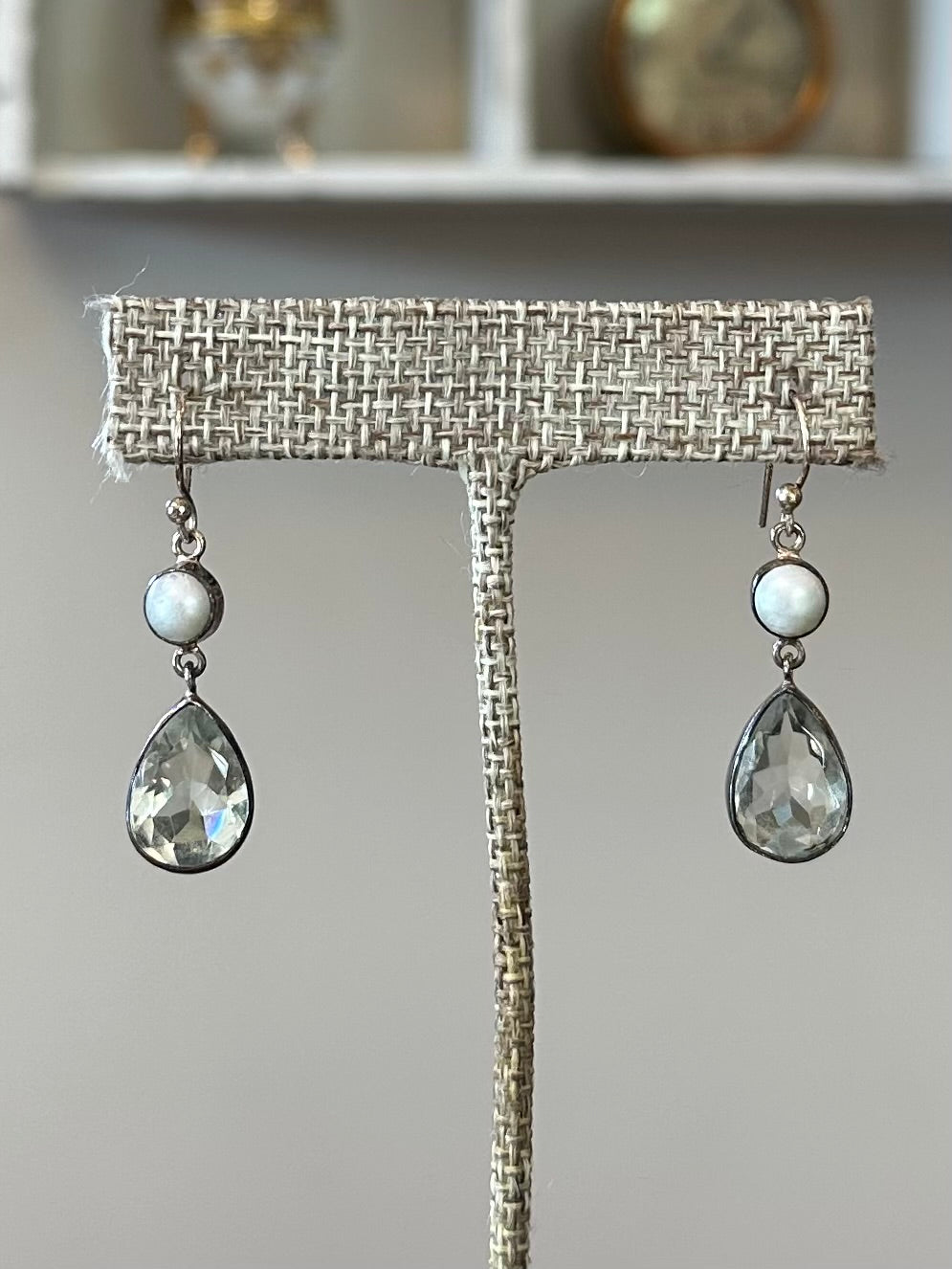 Vintage Sterling Silver Pearl & Faceted Pale Blue Crystal Glass Teardrop Dangle Earrings