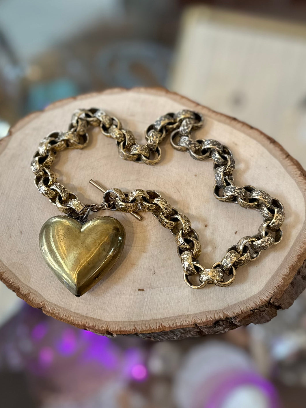 Handmade Chunky Brass Heart Statement Necklace w/ Toggle Clasp - Heart of Metal