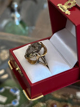 Load image into Gallery viewer, Vintage Midcentury Signed VARGAS 18K HGE Electroplate Gold Tone Large Faceted Smokey Grey Glass Cocktail Ring High Setting US 7 1/2
