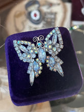 Load image into Gallery viewer, Vintage Light Blue &amp; Aurora Borealis Faceted Rhinestone Butterfly Brooch Silver Tone Midcentury
