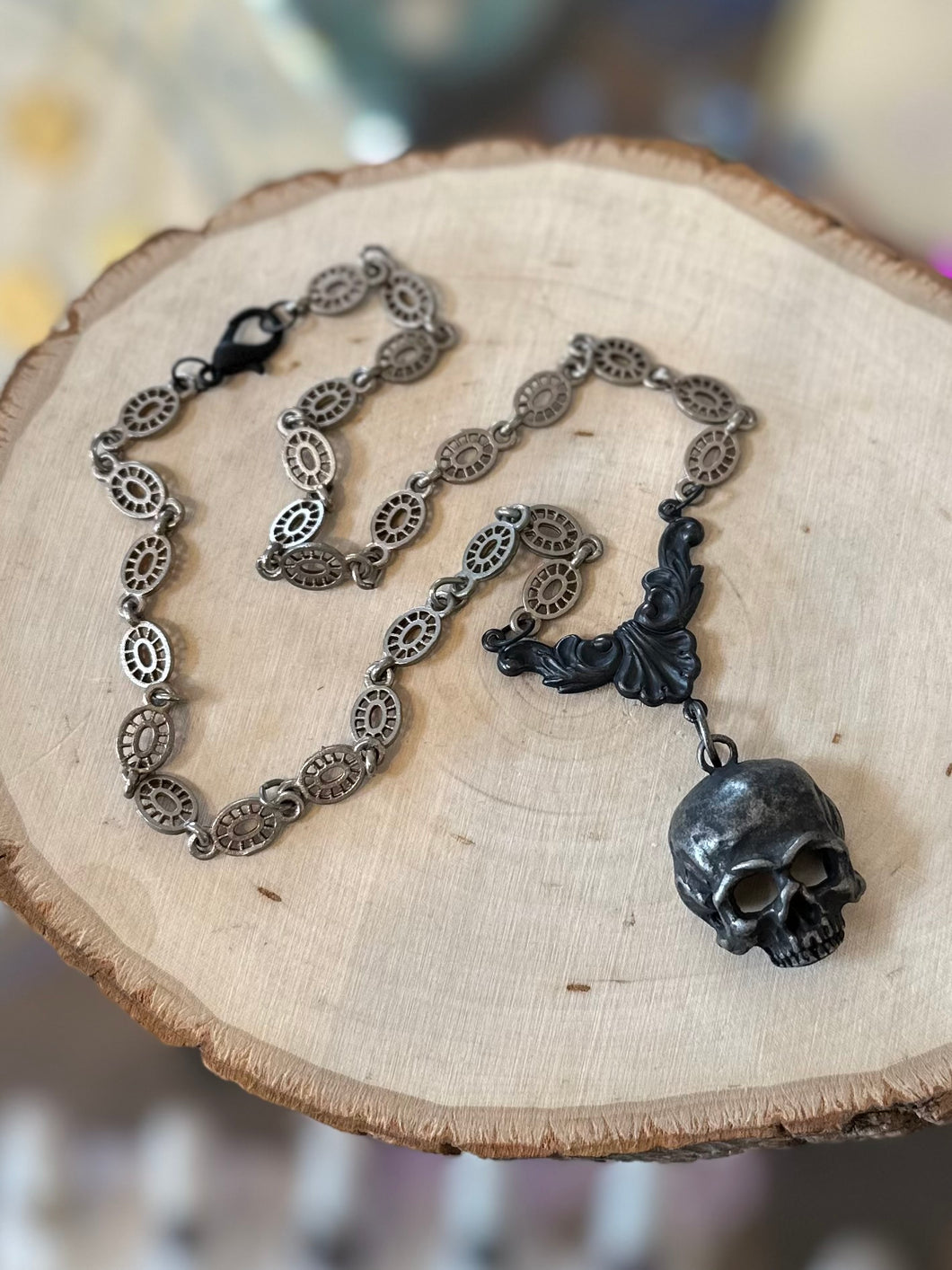 Handmade Dark Grey Metal Skull Necklace - Catacombs