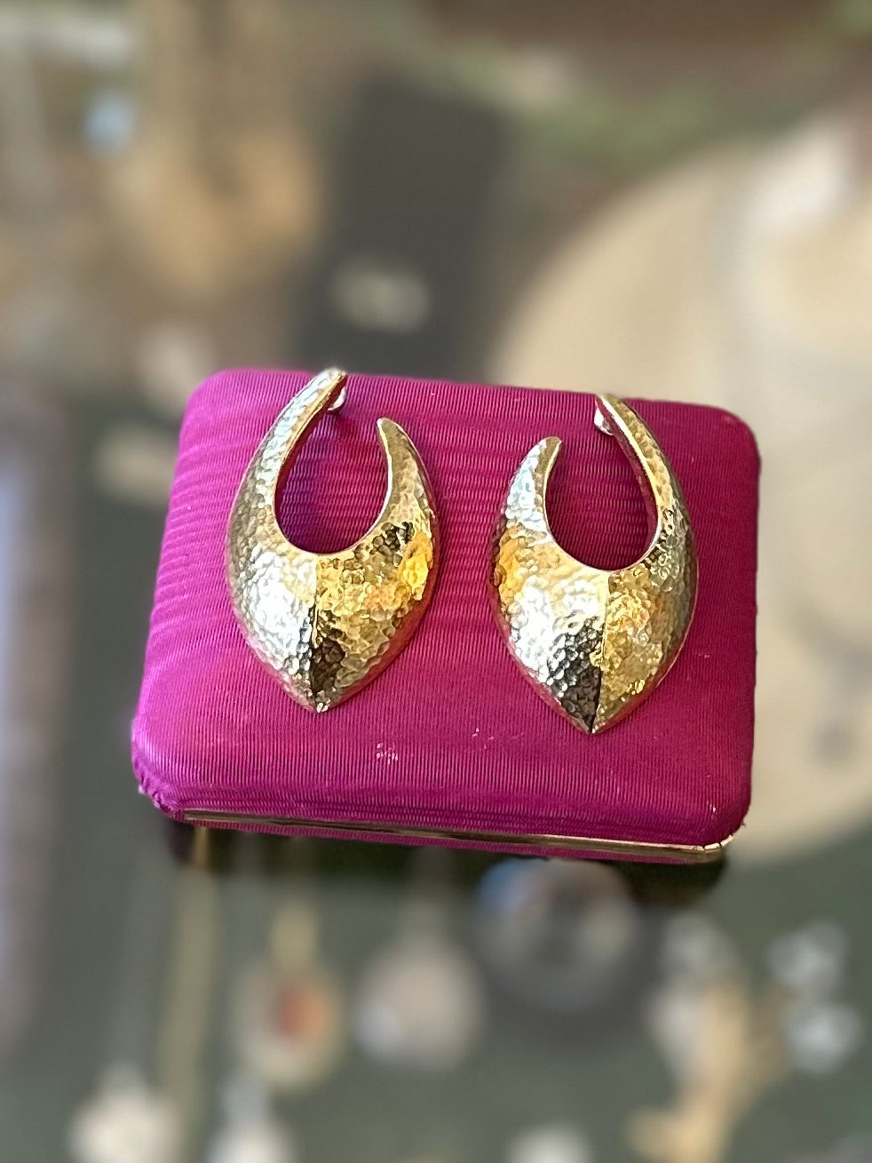 Vintage 1980s Signed GIVENCHY Gold Tone Hammered Abstract Modernist Drop Pierced Earrings