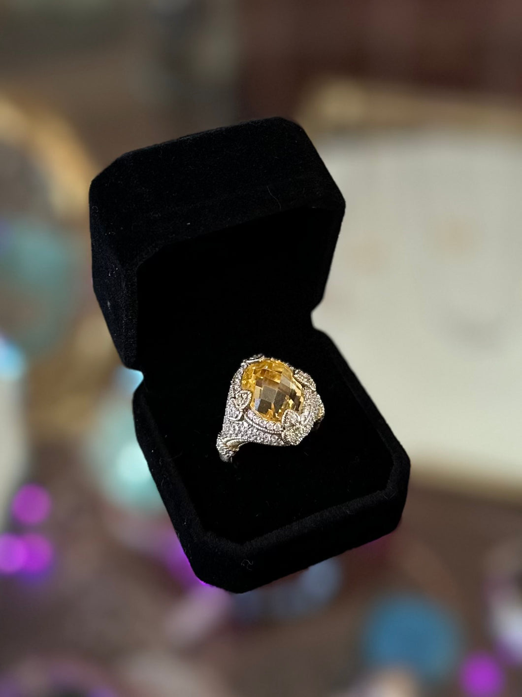 JUDITH RIPKA Gold over Sterling Silver Cushion Cut Citrine CZ Halo Ring 10.5 16gr