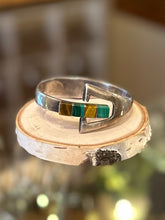 Load image into Gallery viewer, Vintage Signed TAXCO Mexico TN-6 950 Sterling Silver Tiger’s Eye &amp; Malachite Hinged Geometric Bangle Bracelet
