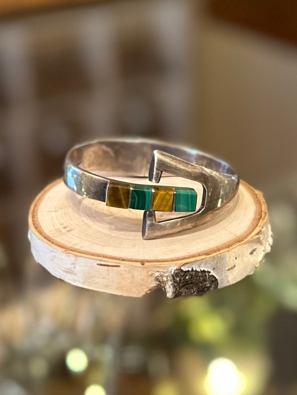 Vintage Signed TAXCO Mexico TN-6 950 Sterling Silver Tiger’s Eye & Malachite Hinged Geometric Bangle Bracelet