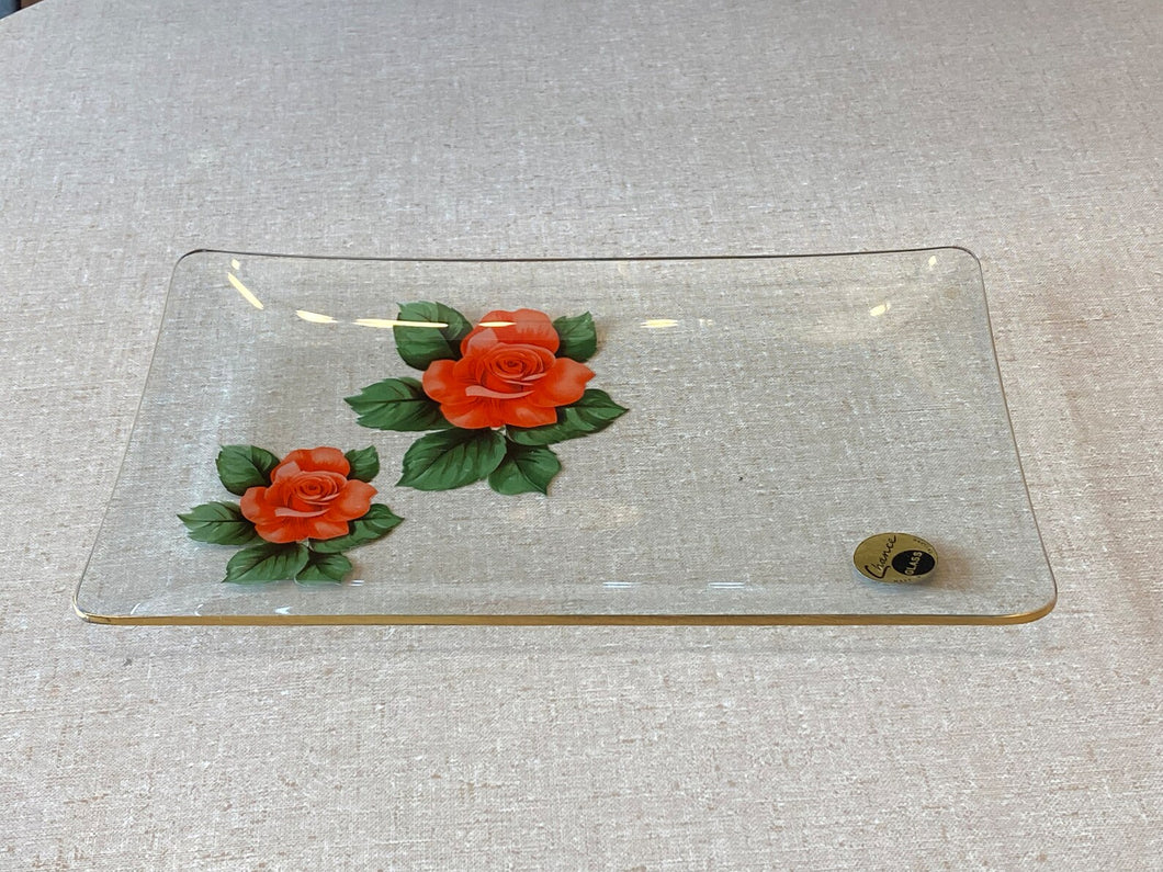 Vintage Clear Glass Roses Rectangle Plate by Chance Glass - Made in England