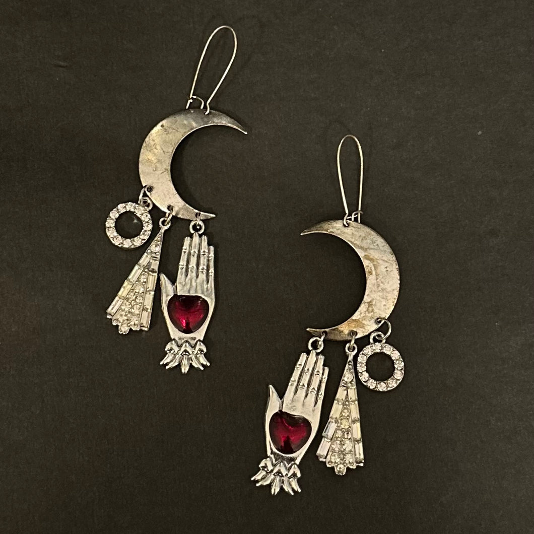 Handmade Crescent Moon Heart Hand Rhinestone Dangle Earrings - Gypsy Heart