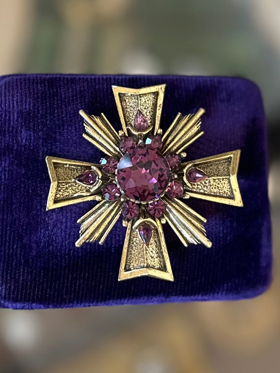 Vintage Signed ZENTALL Gold Tone & Faceted Purple Rhinestone Maltese Cross Brooch
