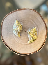 Load image into Gallery viewer, Vintage Signed KJL For Avon Kenneth Jey Lane Conch Shell Gold Tone and Rhinestone Pierced Earrings
