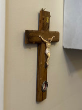 Load image into Gallery viewer, Vintage Olive Wood Crucifix with Ex. S. Rupe Calvarii Relic Reliquary Jerusalem Stations of the Cross
