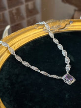 Load image into Gallery viewer, Art Deco Revival Signed Lauren Taylor Sterling Silver Filigree Faux Amethyst Necklace
