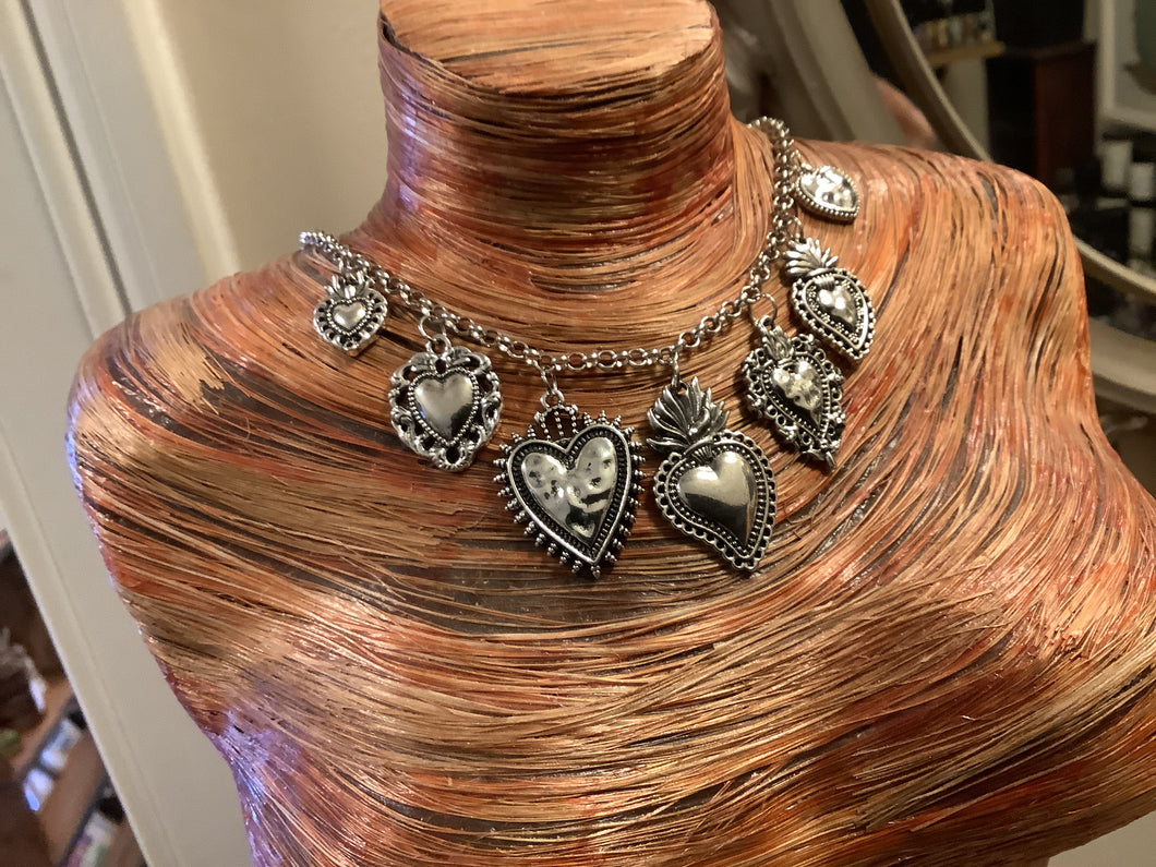 Silver tone ex voto sacred heart charm necklace