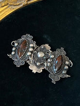 Load image into Gallery viewer, Vintage Mexico Sterling Silver &amp; Dalmatian Jasper Cabochon Ornate Scrollwork Panel Link Statement Bracelet 6.75”
