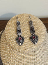Load image into Gallery viewer, Vintage 1990s Sterling Silver &amp; Genuine Garnet Cabochon Pendant Necklace and Dangle Drop Earrings Set
