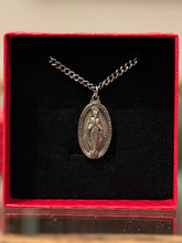 Load image into Gallery viewer, Vintage Signed WEH Sterling Silver Saint Mary Virgin Mary Miraculous Medal Religious Pendant Necklace in Box
