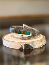 Load image into Gallery viewer, Vintage Signed TAXCO Mexico TN-6 950 Sterling Silver Tiger’s Eye &amp; Malachite Hinged Geometric Bangle Bracelet
