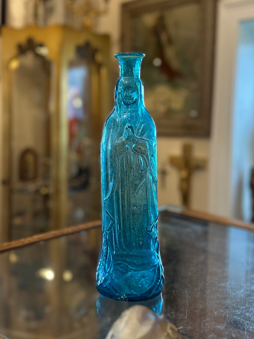 Vintage Handblown Glass Blue Virgin Mary Our Lady of Guadeloupe Bottle Jug with Handle Holy Water Pontil Mark