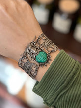 Load image into Gallery viewer, RARE Vintage Signed TAXCO Mexico Sterling Silver &amp; Carved Green Stone Face Tribal Panel Link Bracelet 6.4”
