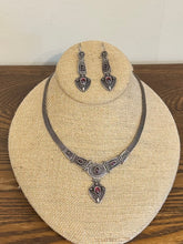 Load image into Gallery viewer, Vintage 1990s Sterling Silver &amp; Genuine Garnet Cabochon Pendant Necklace and Dangle Drop Earrings Set
