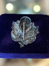 Load image into Gallery viewer, Vintage Art Nouveau Revival Repousse Silver Plated Woman Nymph Sunflower Floral Brooch Pin
