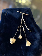 Load image into Gallery viewer, Victorian Antique Pocket Watch Fob Chain with T Bar &amp; Charms Heart Fan &amp; Flower
